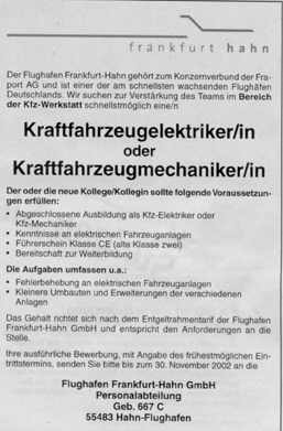 Stellenanzeige Kfz.-Mechaniker Flugplatz Hahn
